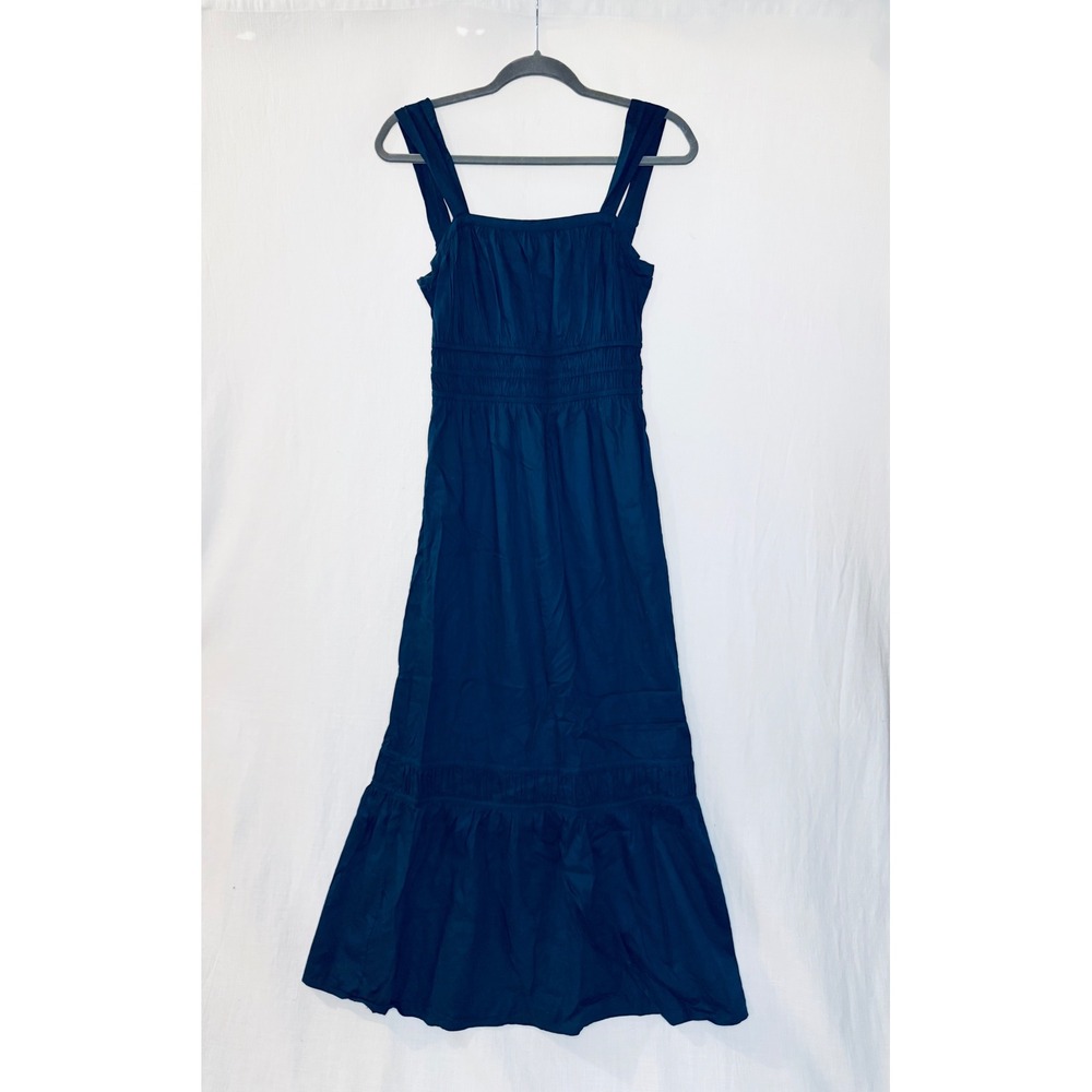Loft Navy Blue Smocked Waist Tiered Midi Dress Square Neck Sleeveless XS